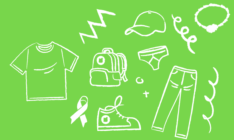 Hand-drawn illustrations of items of clothing on a green background
