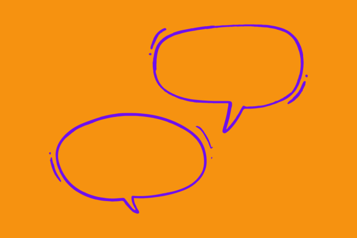 Illustration of two purple speech bubbles on an orange background